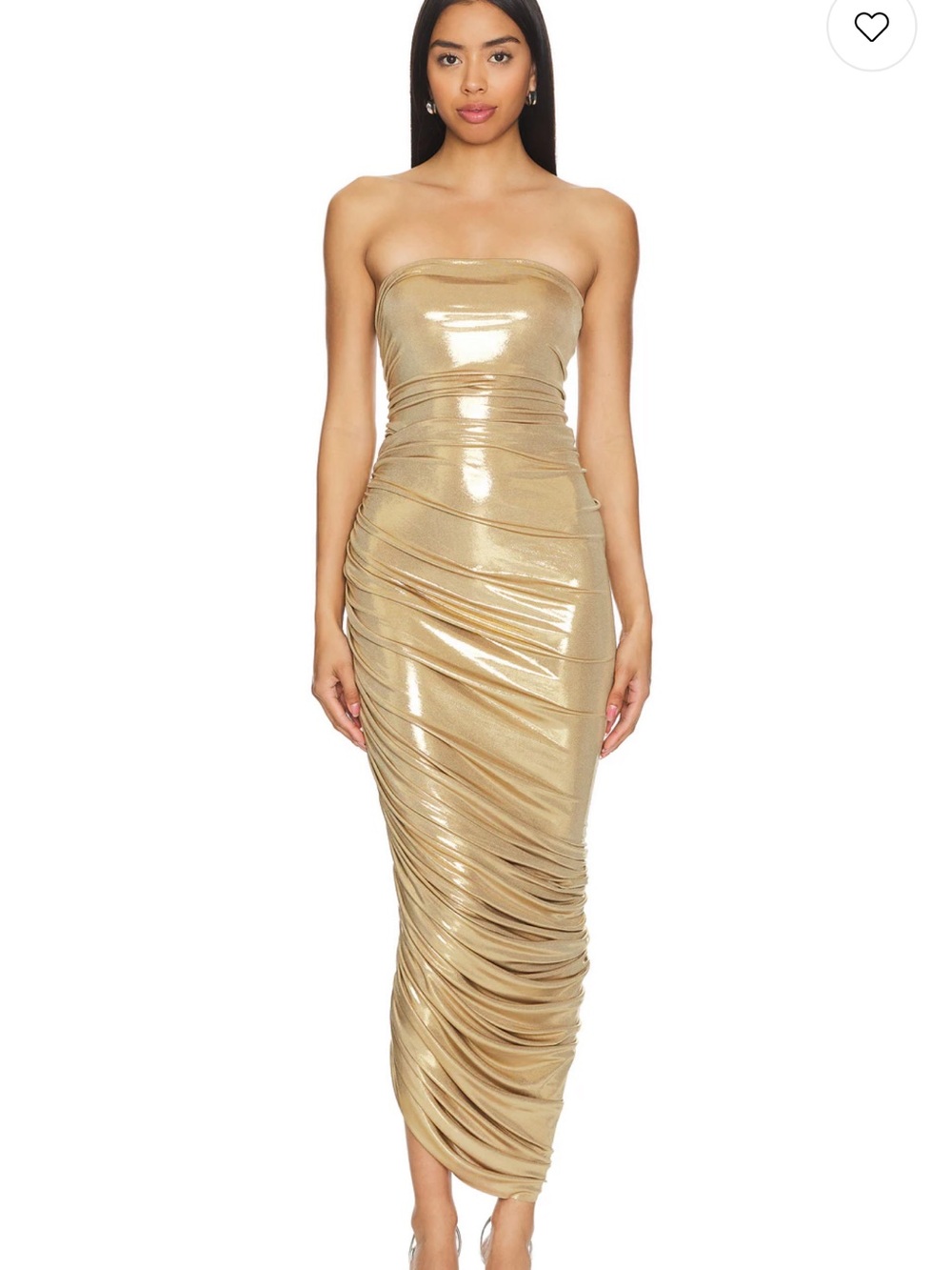 Norma Kamali Strapless Metallic Gold Ruched Midi Dress
